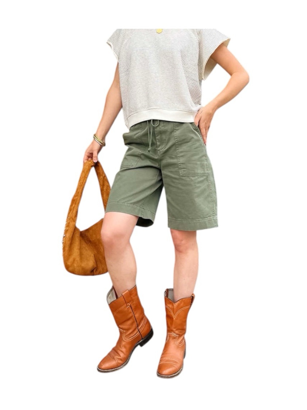Pistola Etta Curved Leg Utility Shorts Olive Green Long Shorts Size 25